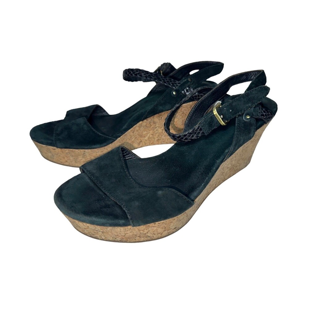 UGG Australia Cork Wedge Braided Suede Sandals D'Alessio Black 3" Heel Sz 7.5 US